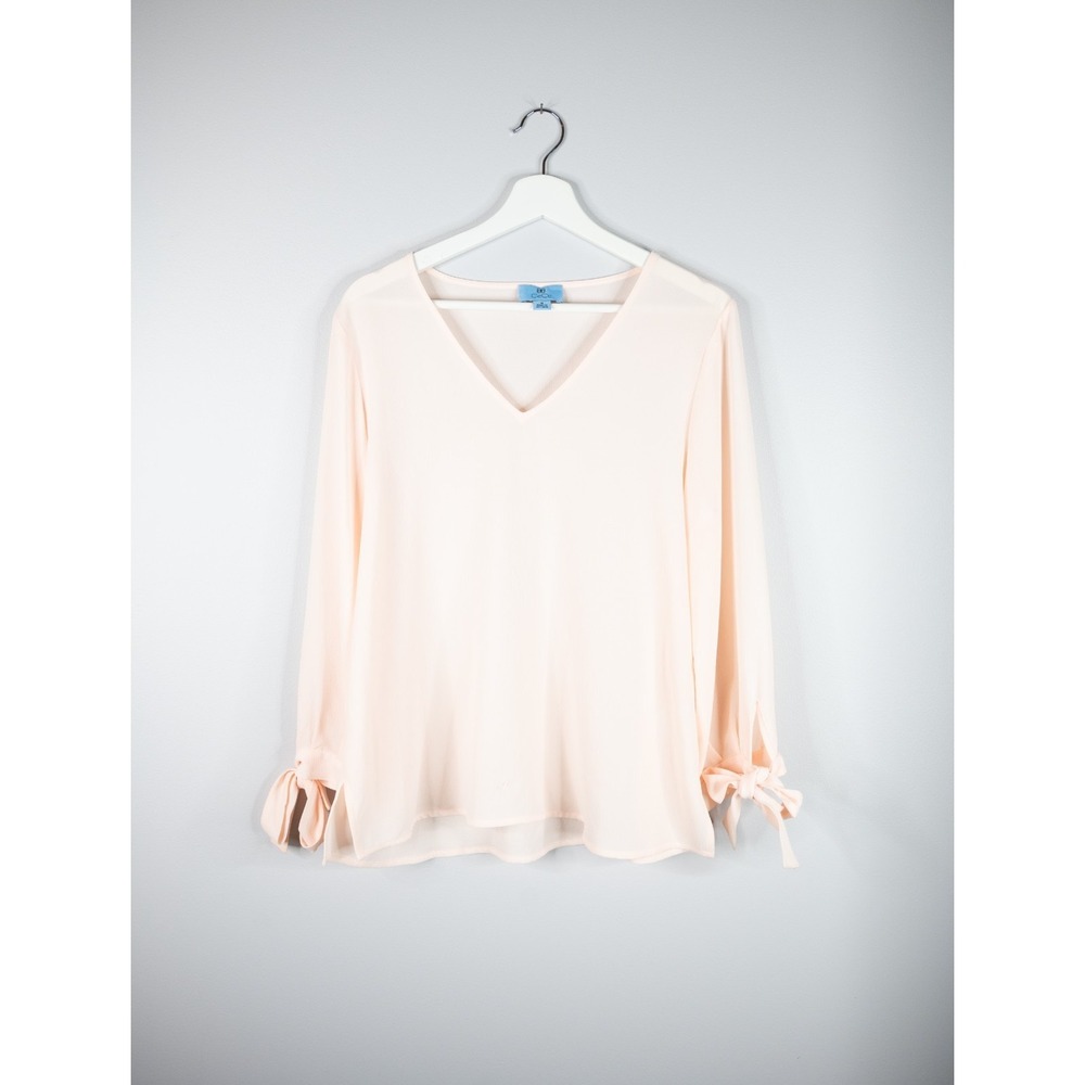 CeCe Women's Solid‎ Long Sleeve V-Neck Tie Cuff Blouse - Light Pink - SZ M